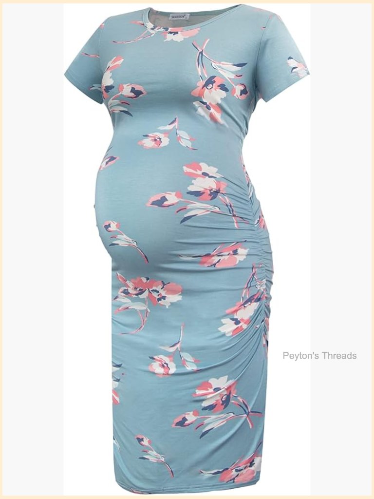 Short Sleeve Maternity Dress Ruched Bodycon Maternity Casual Pull On Knee-Length